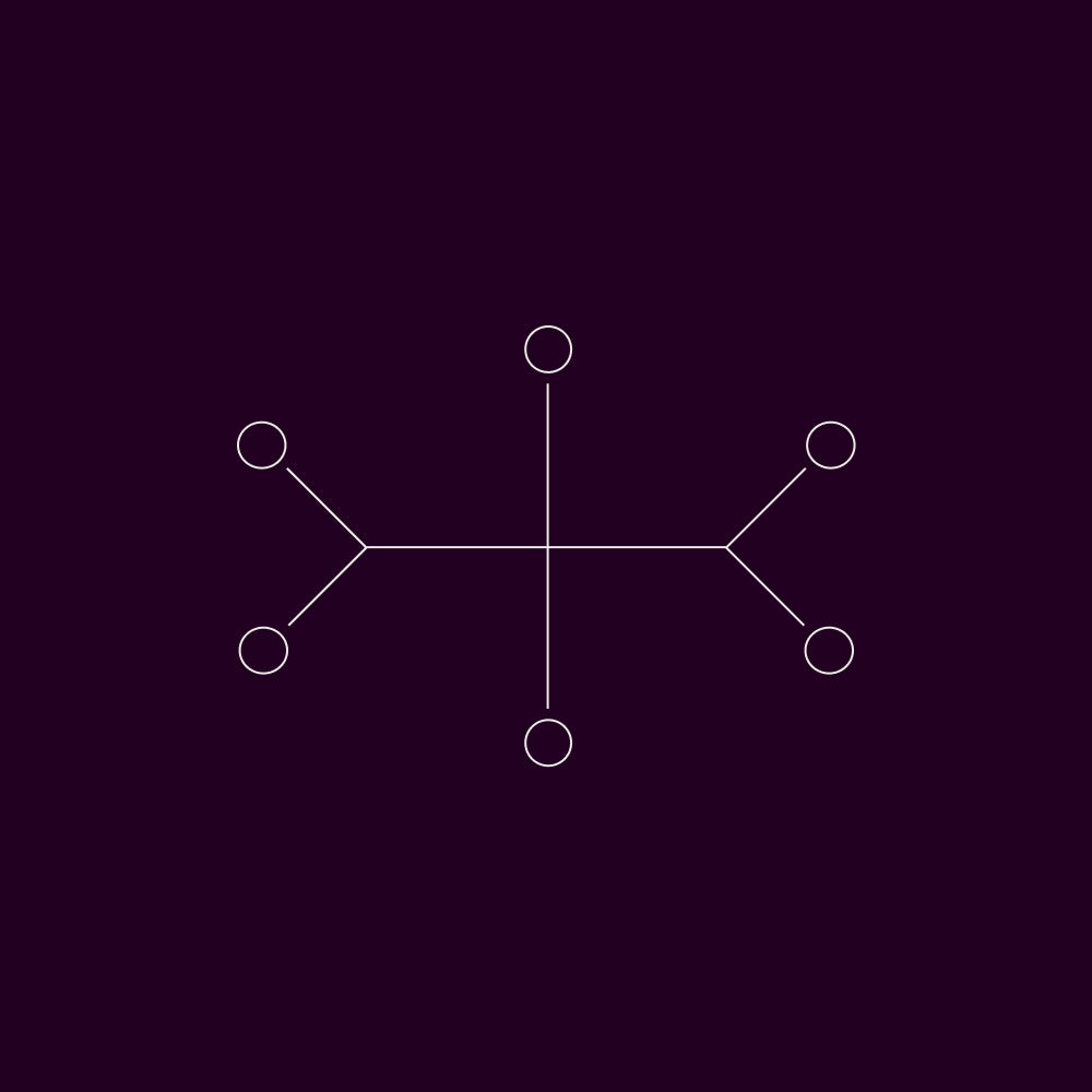 Minimalist design with geometric shapes on a black background resembling an amino acid