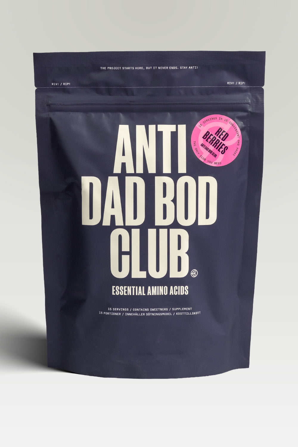 Dark purple package of 'Anti Dad Bod Club' essential amino acids with a pink label on a light gray background.