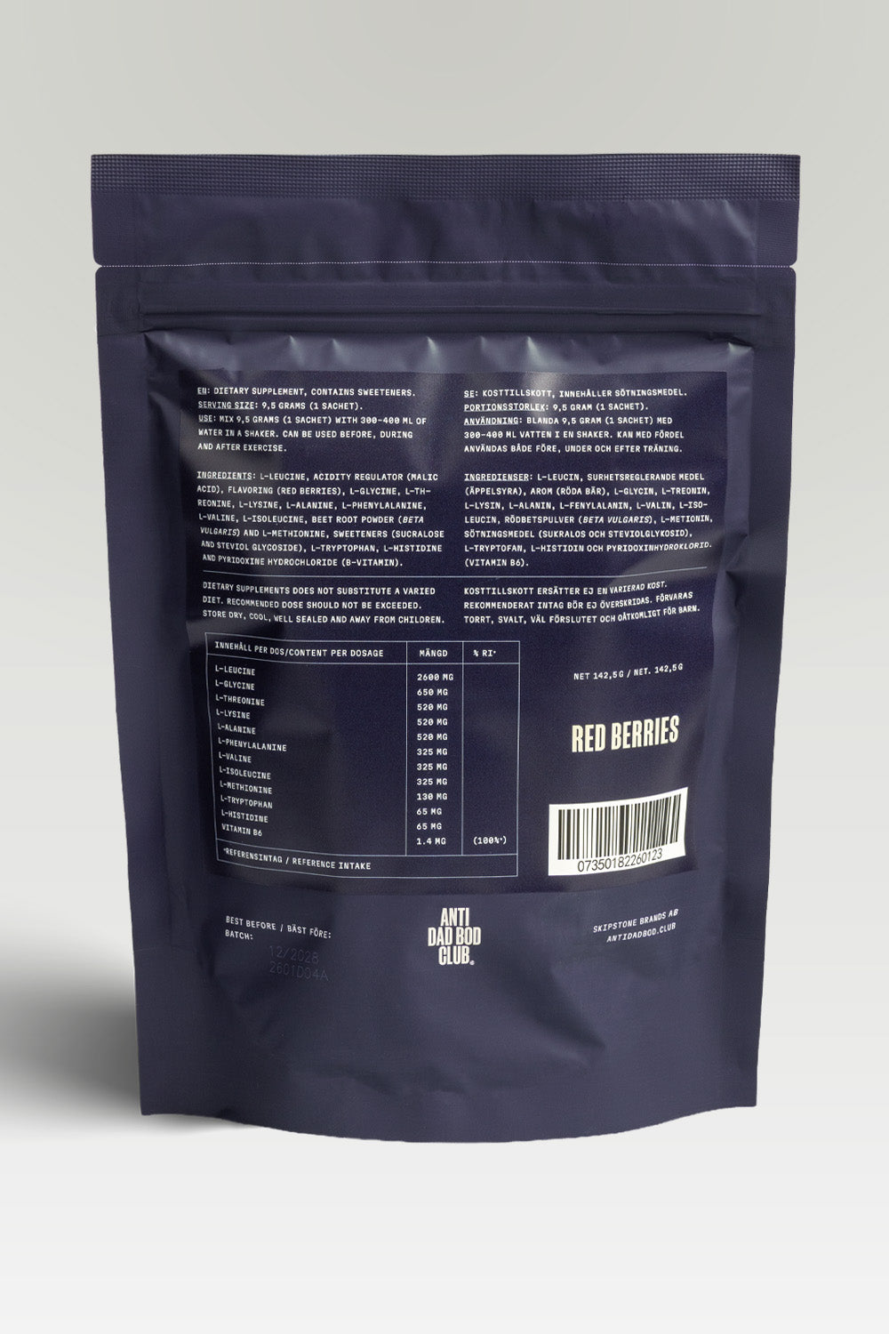 Dark purple EAA packaging with text and a barcode on a light gray background