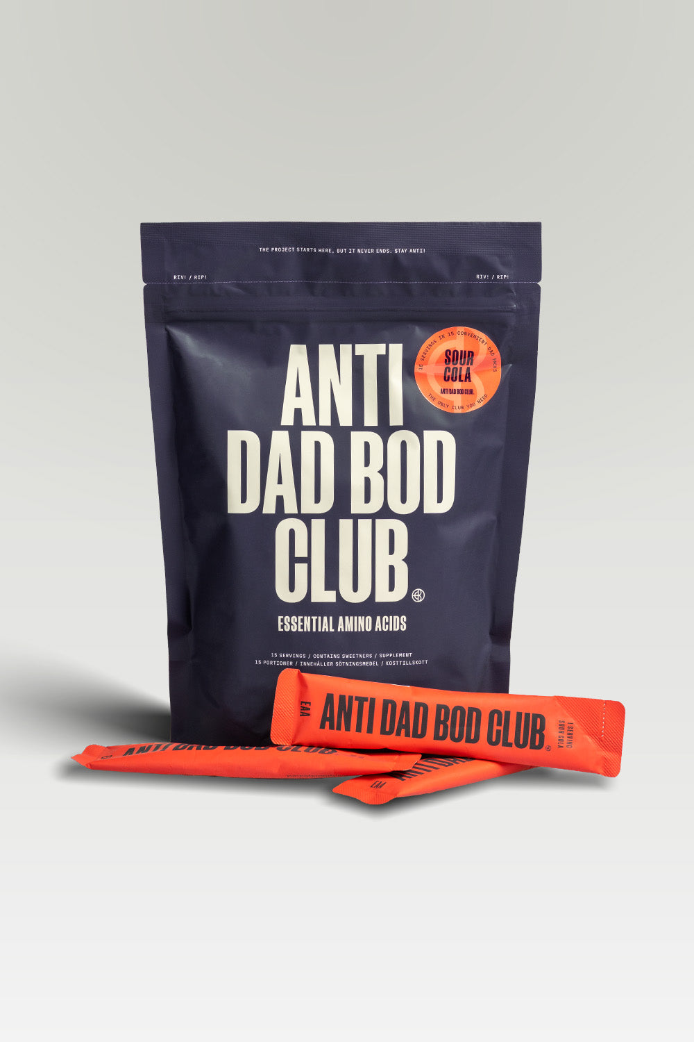 Anti Dad Bod Club EAA package with red sachets on a gray background