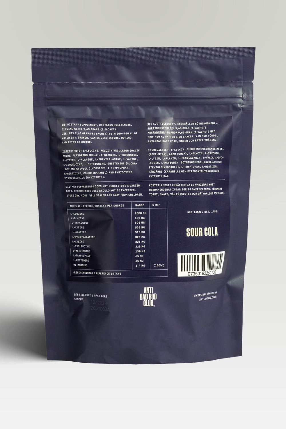 Dark purple EAA packaging with text and a barcode on a light gray background