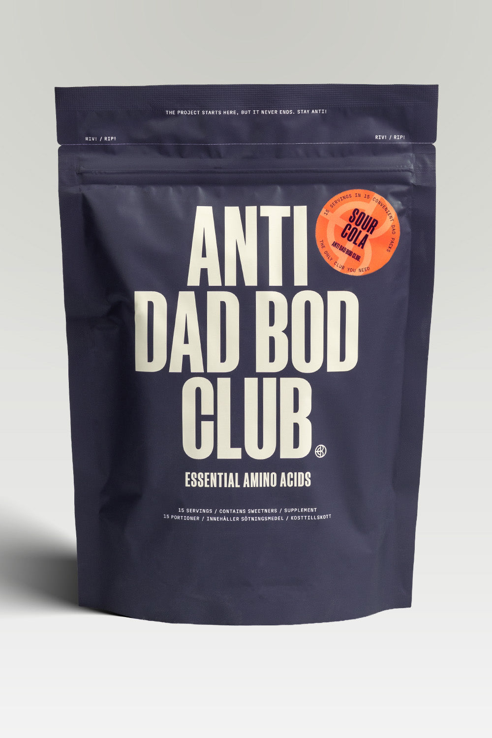 Navy blue package of 'Anti Dad Bod Club' Sour Cola amino acids with a red label on a light gray background.