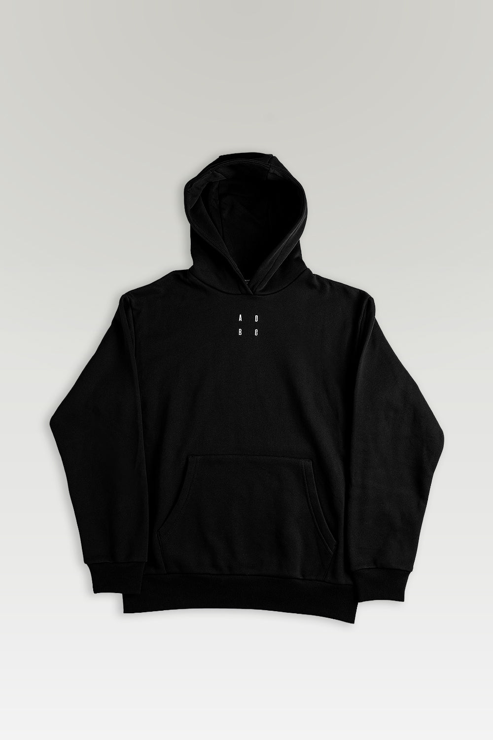A black pullover hoodie with a small white double-hanger logo centered on the chest, displayed against a light gray gradient background.