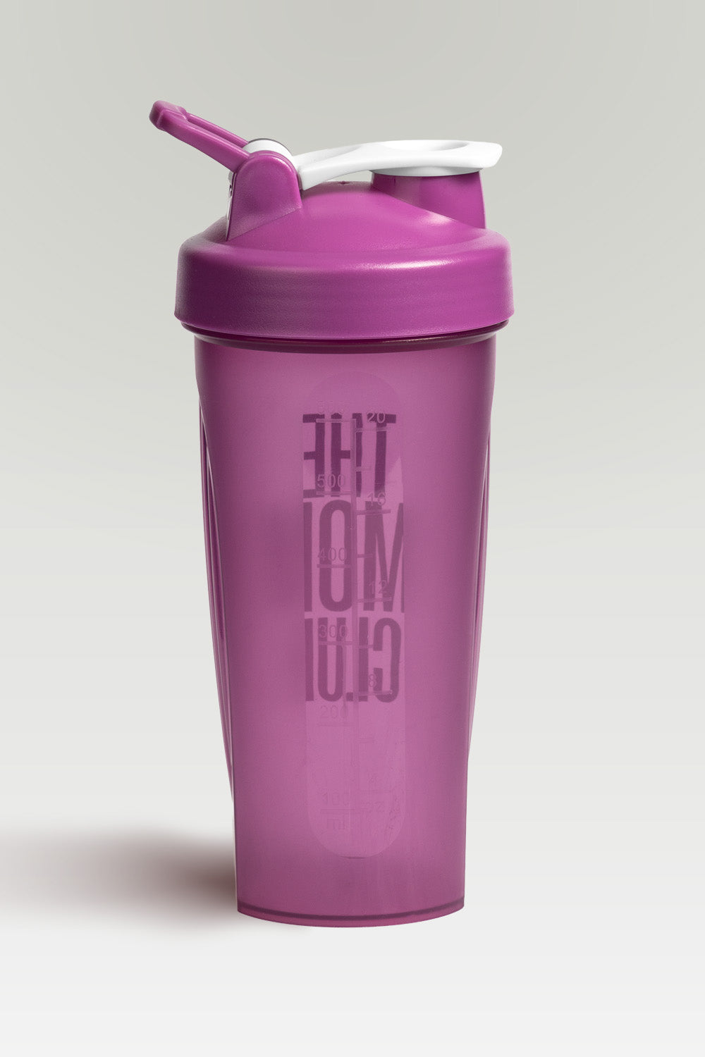 Pink shaker bottle with 'The Mom Club' text on a light gray background