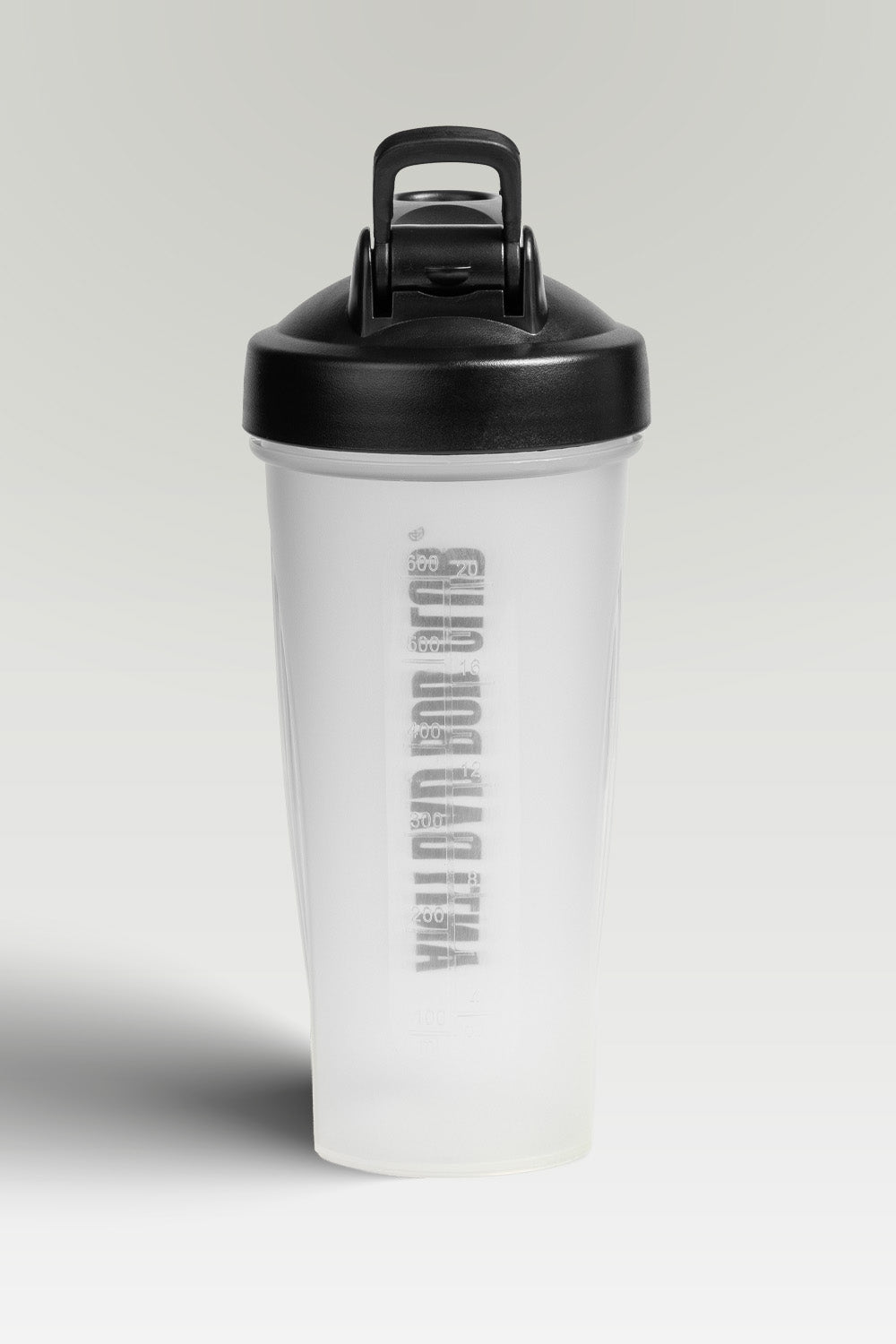Semi transparent shaker bottle with black lid and 'Anti Bad Bod Club' text on a light gray background