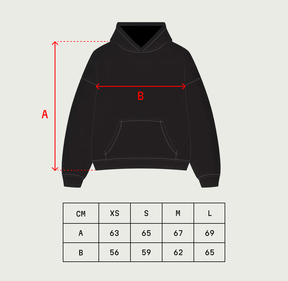 Size guide showing measurements for the hoodie