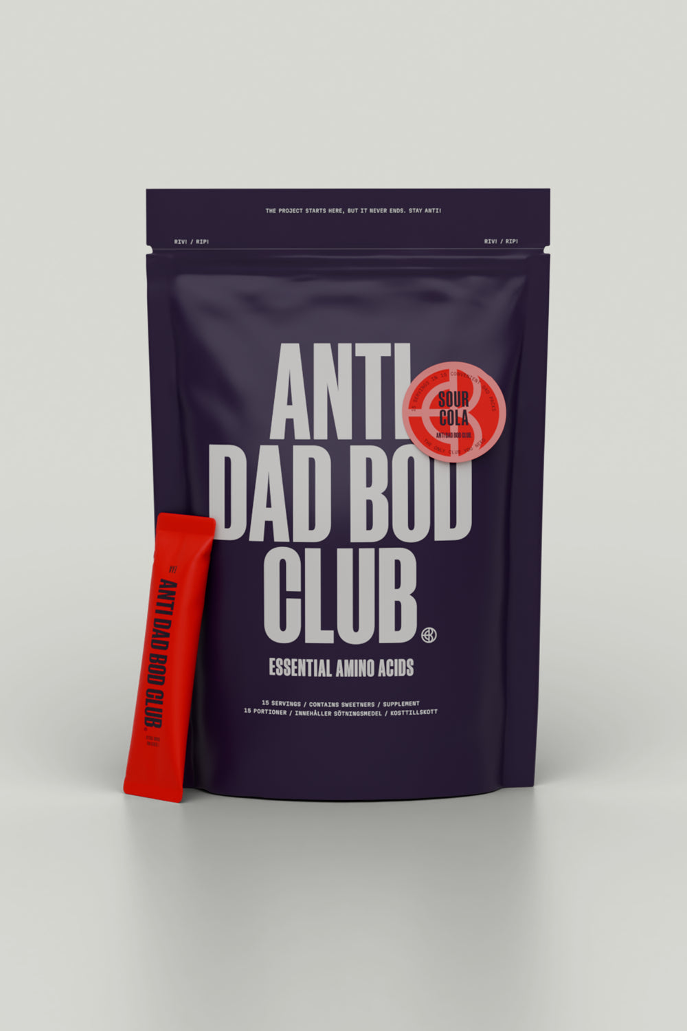 Anti Dad Bod Club package with a red stick on a gray background